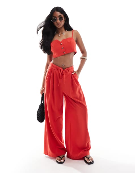 Bershka wide leg tailored trousers co-ord in red