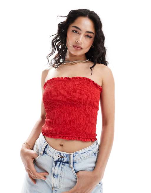 Bershka – Czerwony marszczony top z dekoltem bandeau
