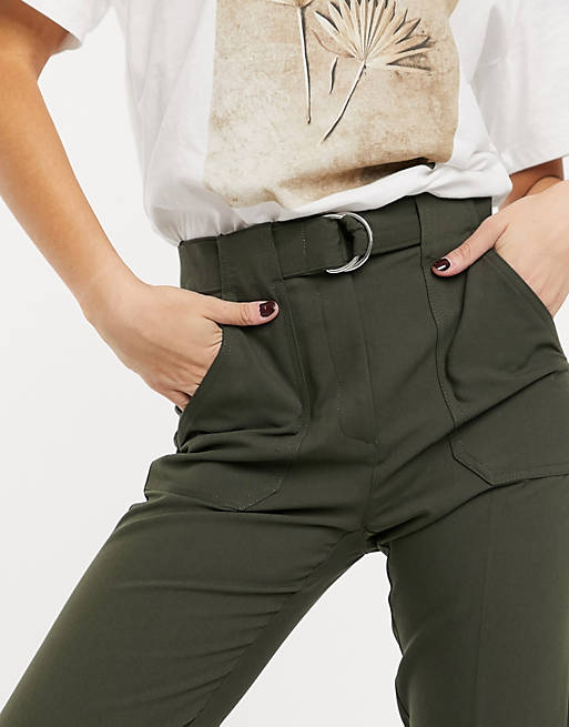 Bershka d-ring belt pants in khaki