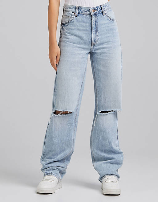  Bershka Dad jean with rip detail in bleached wash 