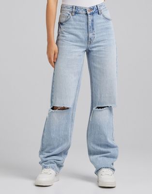 Bershka dad jean with rip detail in bleached wash