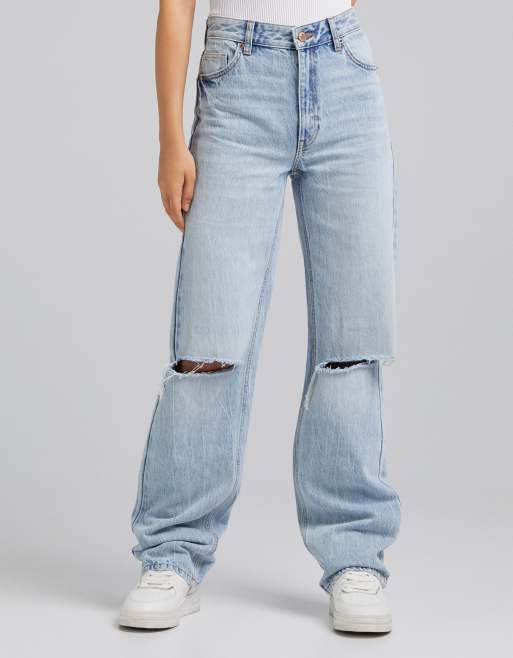 Bershka - Dad-jeans med flænser i bleget vask