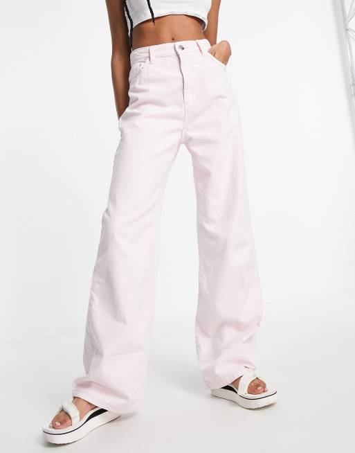 Bershka Dad wide leg twill pants in pale pink