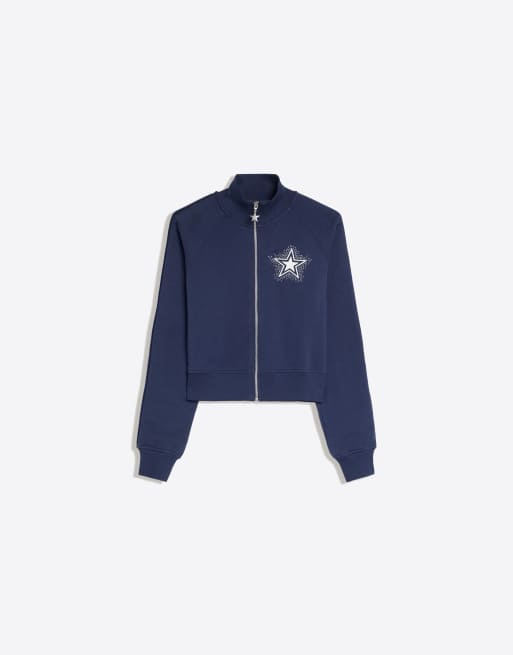 Bershka Dallas cowboy cheerleaders zip-up sweatshirt in blue, 5 of 5