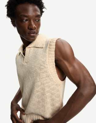 Bershka - Débardeur champêtre à col polo - Beige-Neutre