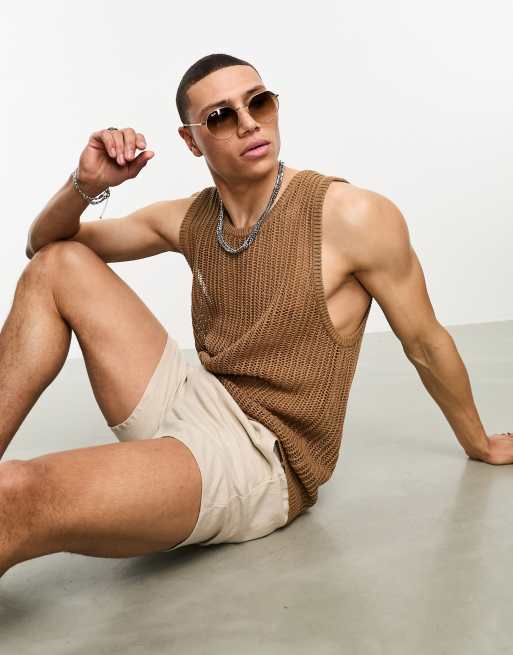 Bershka - Débardeur en maille ajourée - Marron 