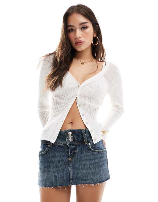 Bershka deep waistband raw hem denim skort in mid wash blue, 3 of 6
