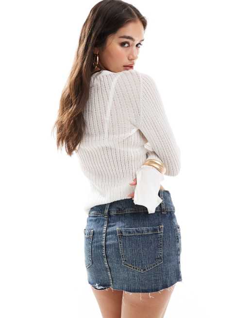 Bershka deep waistband raw hem denim skort in mid wash blue, 5 of 6