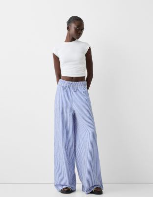 deep waistband wide leg pants in blue stripe