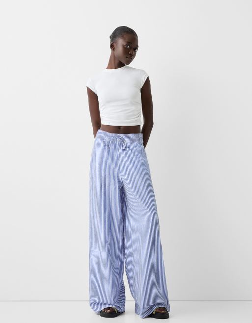 Bershka deep waistband wide leg pants in blue stripe