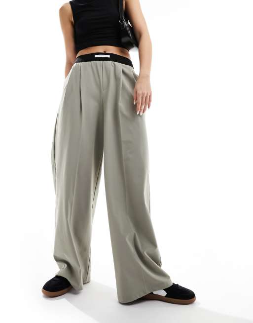 Bershka deep waistband wide leg pants in light brown