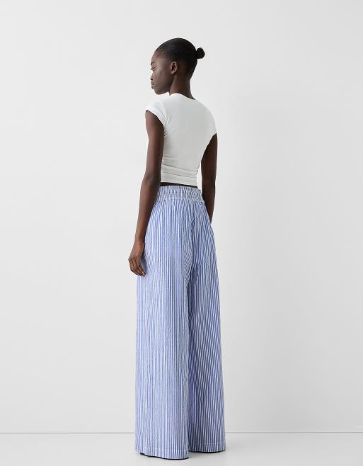 Bershka deep waistband wide leg trousers in blue stripe