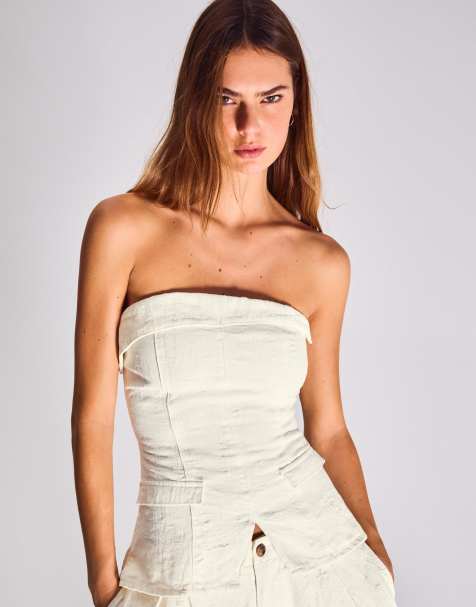 Bershka - Denim bandeau-top in wit - view 1