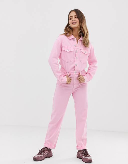 Bershka denim boilersuit in pink