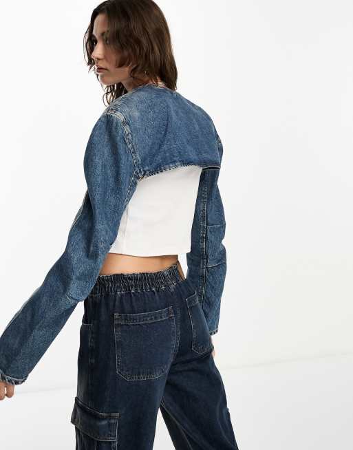 Bershka - Denim bolero met lange mouwen in middenblauw, 2 van 4