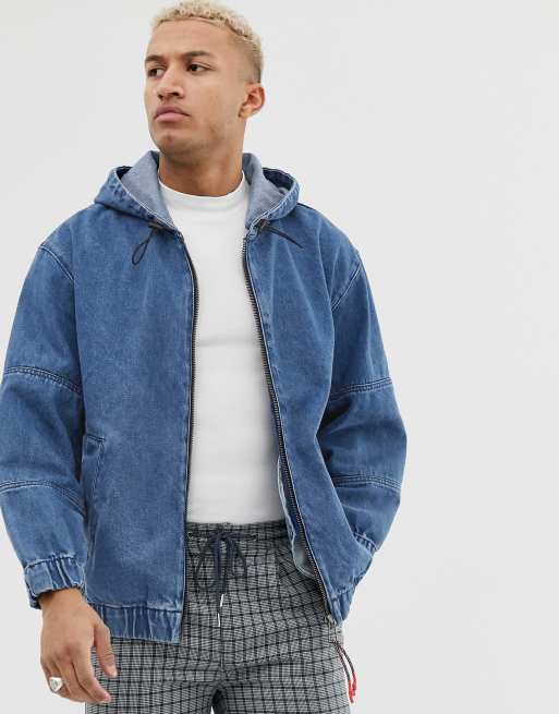 Bershka denim bomber with hood in mid blue