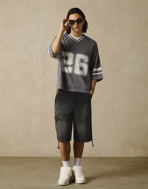 Bershka Denim cargo parachute shorts in black - view 1