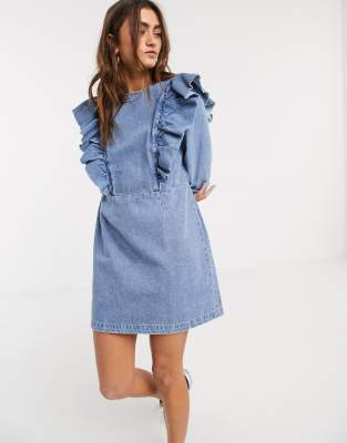 Bershka denim dress with frill detail in blue | ASOS