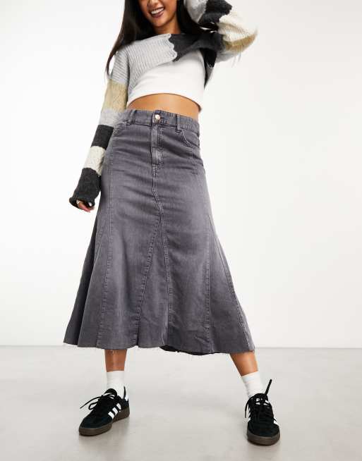 Bershka denim flippy midi skirt in washed gray