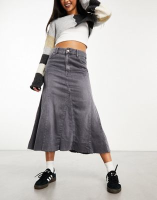 Bershka denim flippy midi skirt in washed grey