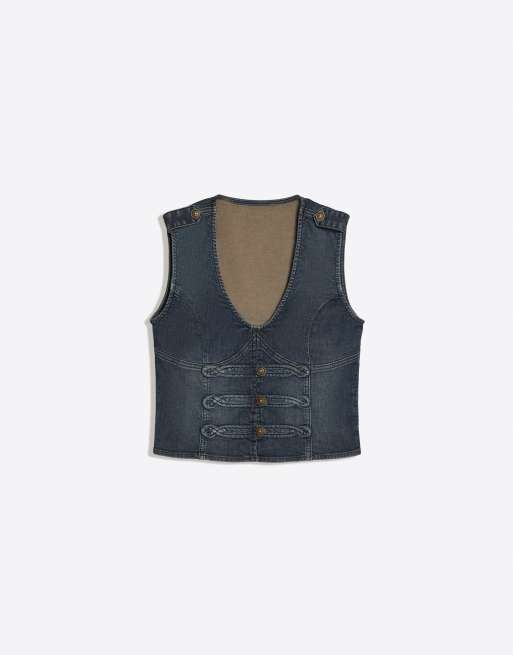Bershka - Denim gilet met knoopsluiting in blauw, 4 van 4