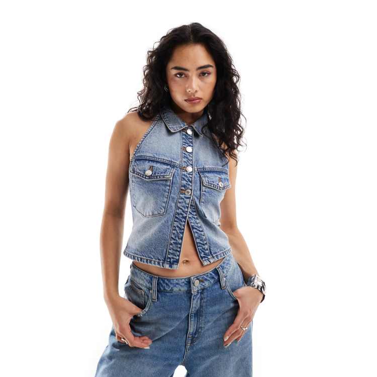 the denim halterneck waistcoat dress Nasty Gal Women's The Denim Halterneck Waistcoat Dress in Washed Black