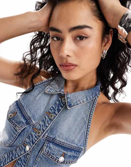 Bershka denim halterneck waistcoat in vintage wash blue ASOS