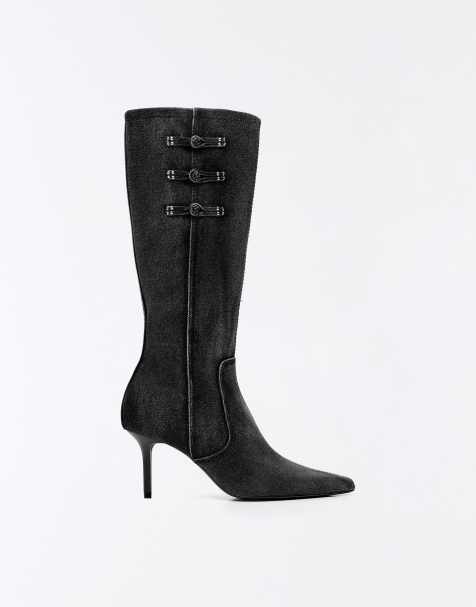 Bershka Denim heeled boots with clasps in grey - view 1