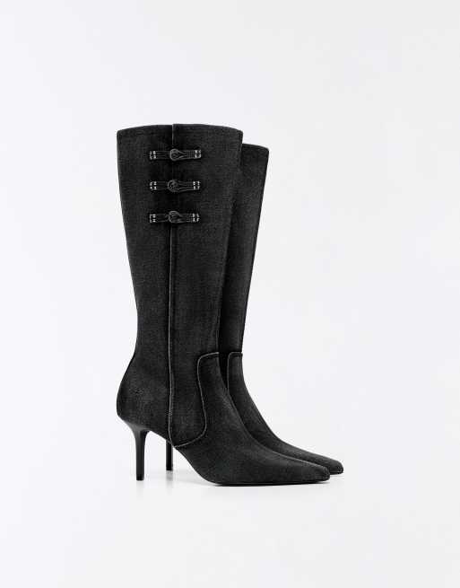 Bershka Denim heeled boots with clasps in grey, 2 of 7