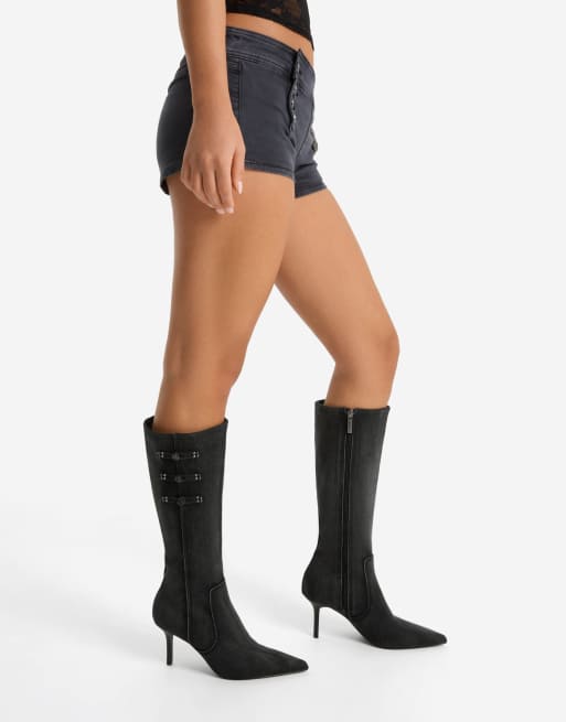 Bershka Denim heeled boots with clasps in grey, 3 of 7