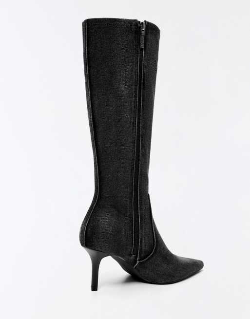 Bershka Denim heeled boots with clasps in grey, 4 of 7