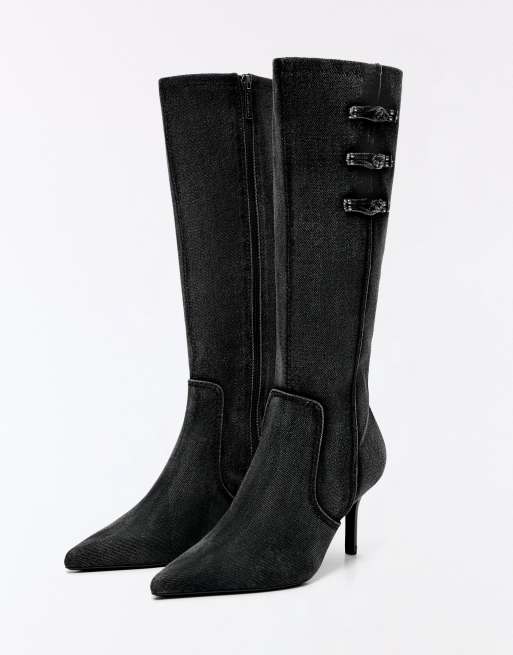 Bershka Denim heeled boots with clasps in grey, 5 of 7