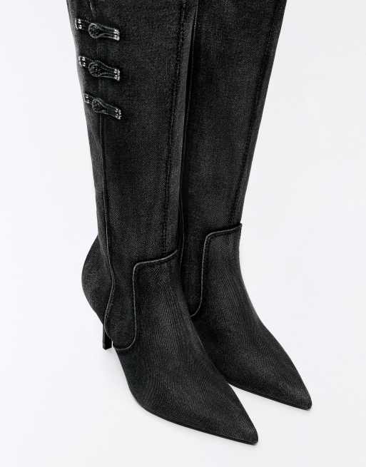 Bershka Denim heeled boots with clasps in grey, 6 of 7