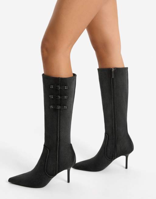 Bershka Denim heeled boots with clasps in grey, 7 of 7