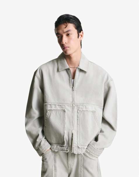 Bershka Denim jacket with fringing in light grey - view 1