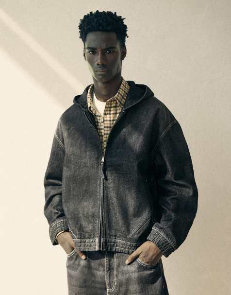 Bershka Denim jacket with hood and back embroidery in black - view 1