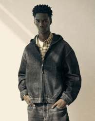 Bershka Denim jacket with hood and back embroidery in black