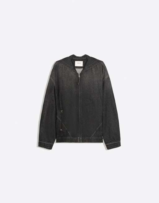 Bershka Denim jacket with hood and back embroidery in black, 5 of 5