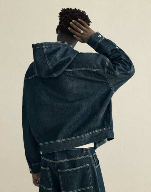 Bershka Denim jacket with hood and clasps in blue, 3 of 5