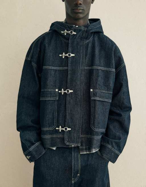 Bershka Denim jacket with hood and clasps in blue, 4 of 5