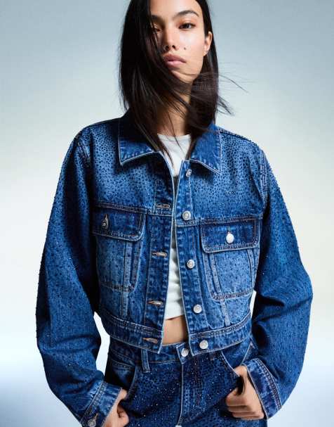 Bershka Denim jacket with rhinestones in denim blue - view 1