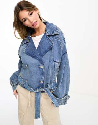 Bershka denim jacket with tie belt in blue dirty wash