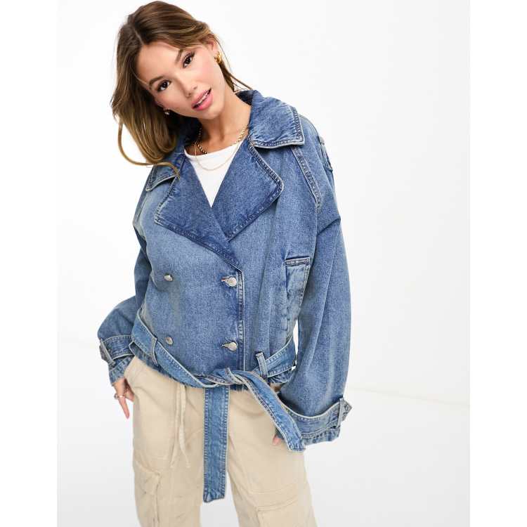 Bershka denim jacket with tie belt in blue dirty wash | ASOS