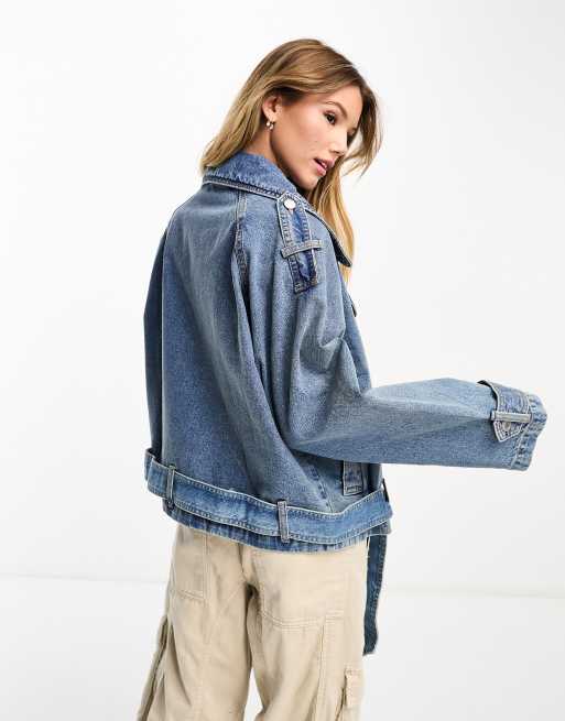 Bershka denim jacket with tie belt in blue dirty wash | ASOS