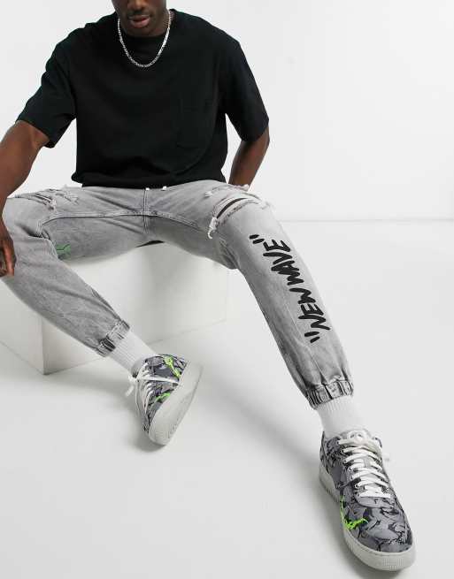Bershka denim joggers with rips in grey