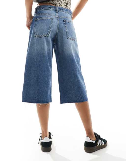 Bershka denim longline jorts in dark wash blue ASOS