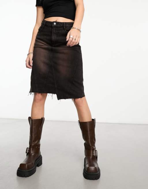 Bershka denim longline skirt in acid washed grey