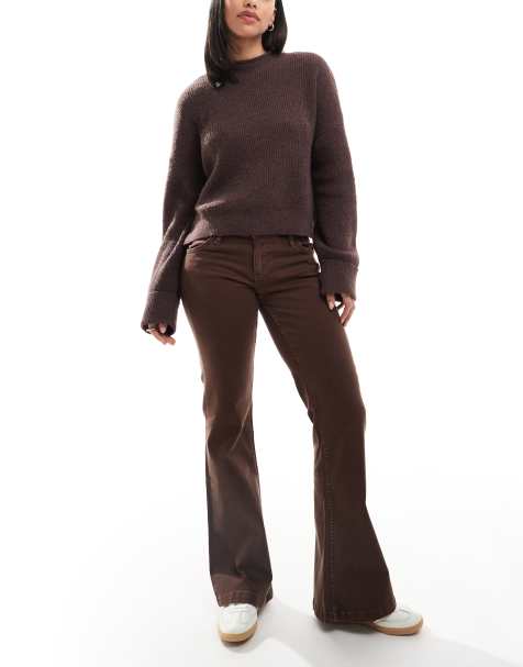Bershka denim look flared trousers in brown - view 1