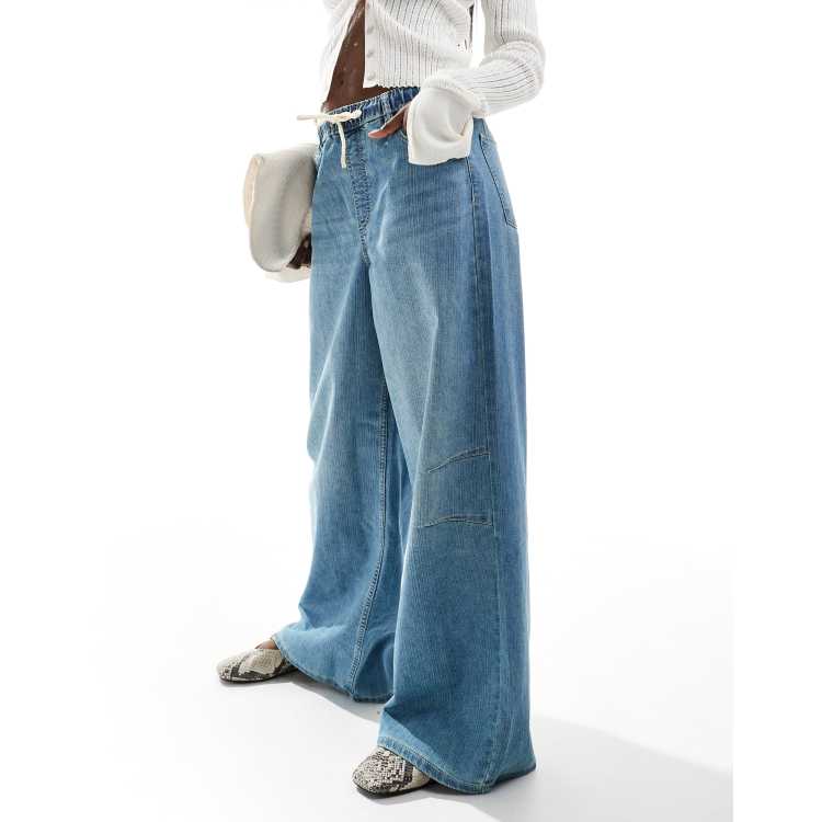 Bershka denim look pull on wide leg pants in mid wash blue