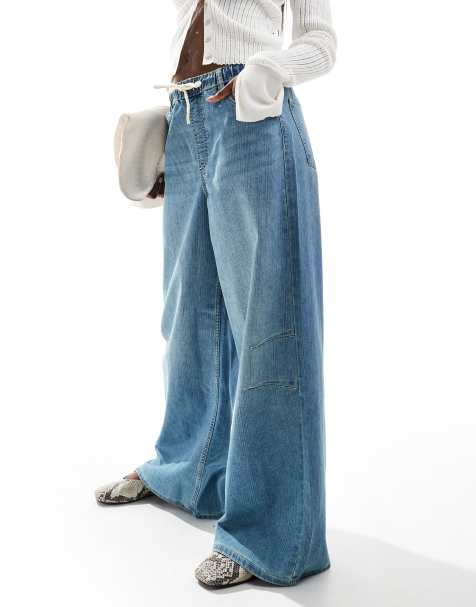 Bershka denim look pull on wide leg trousers in mid wash blue - view 1
